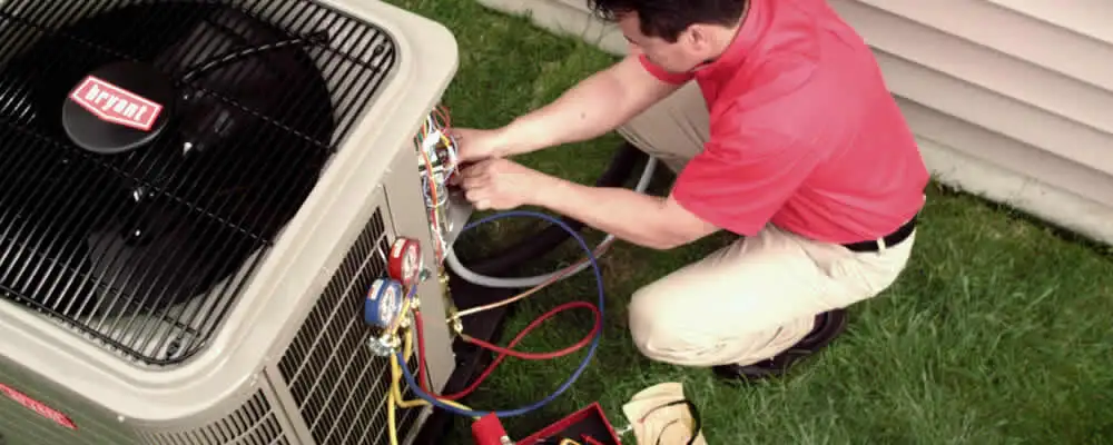 HVAC technician servicing an outdoor air conditioner unit in San Francisco, CA